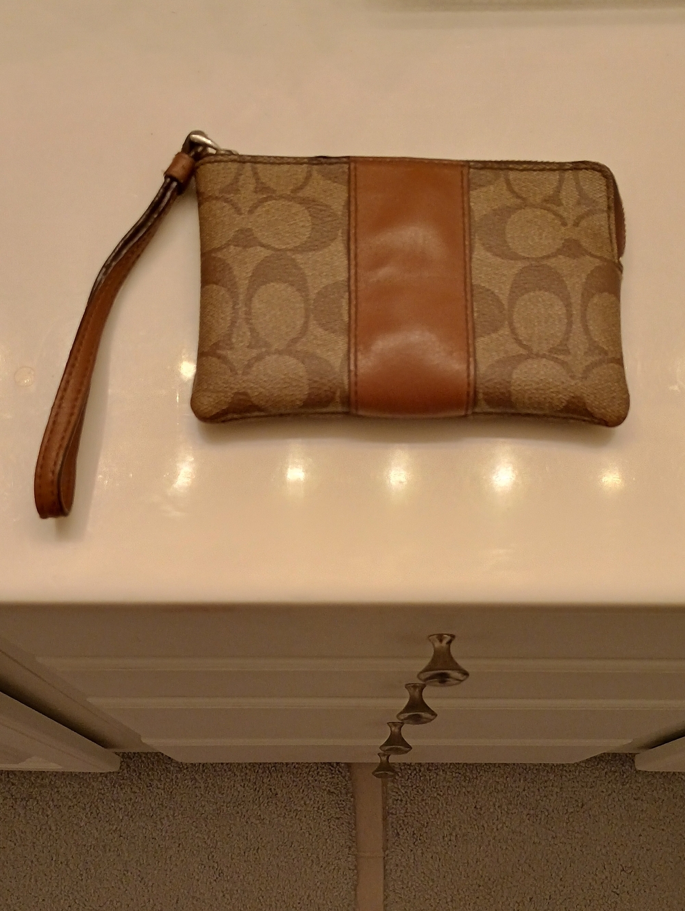 Coach Tan Signature Canvas Wristlet with Brown Leather Stripe